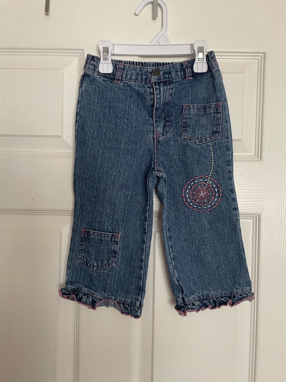 B.t kids 3T Girls' Blue Denim Jeans with Embroidered Cherry Detail and Ruffles